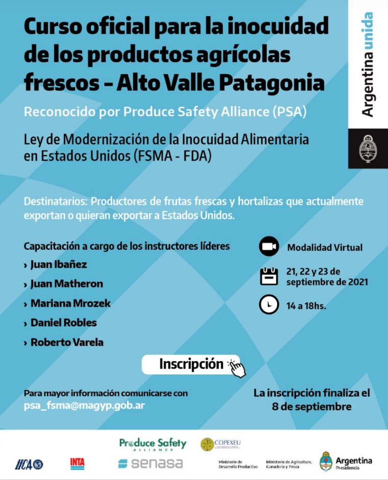 Curso oficial para la inocuidad de los productos agrícolas frescos- Alto Valle Patagonia